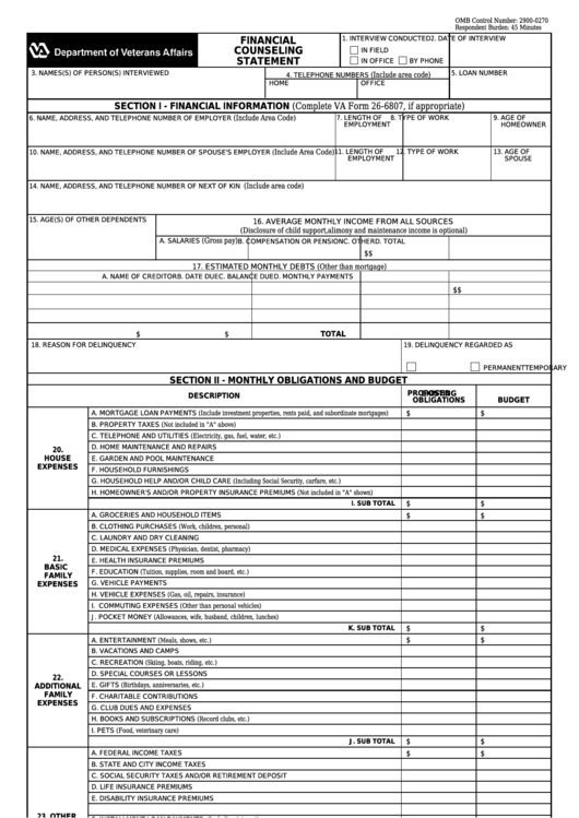 Fillable Va Form 26-8844 - Financial Counseling Statement Printable pdf