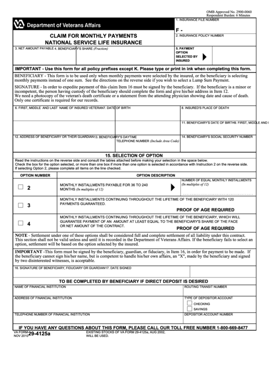 Fillable Va Form 29-4125a - Claim For Monthly Payments National Service Life Insurance Printable pdf