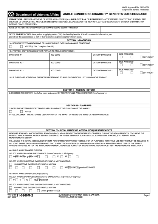 Fillable Va Form 21-0960m-2 - Ankle Conditions Disability Benefits Questionnaire Printable pdf