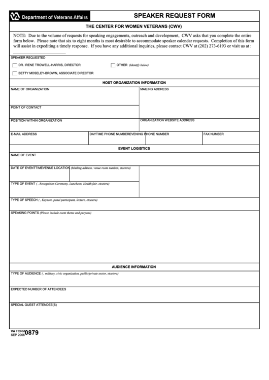 Fillable Va Form 0879 - Speaker Request Form Printable pdf