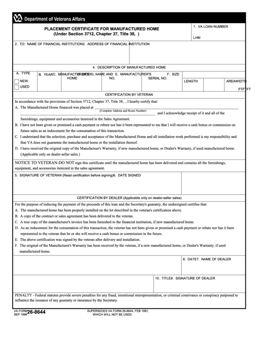Fillable Va Form 26-8644 - Placement Certificate For Manufactured Home Printable pdf