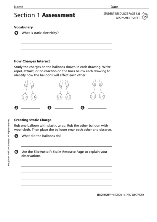 Section 1 Assessment Static Electricity Physics Worksheet Printable pdf