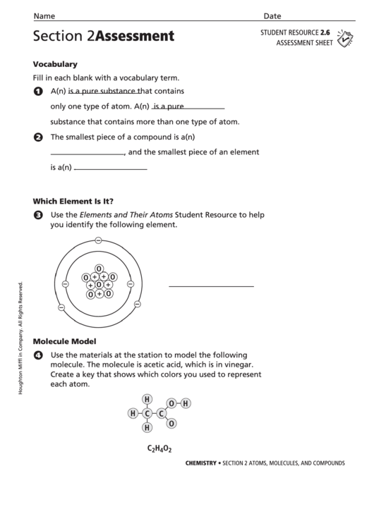 Atoms, Molecules, And Compounds Assessment Sheet Printable pdf