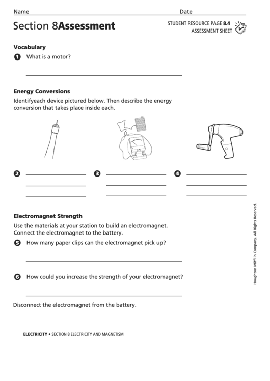 Section 8 Assessment Electricity And Magnetism Physics Worksheet Printable pdf