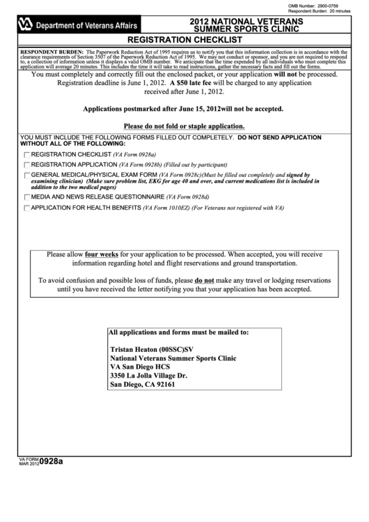 Fillable Va Form 0928a - National Veterans Summer Sports Clinic Va Form Mar 2012 0928a Registration Checklist - 2012 Printable pdf