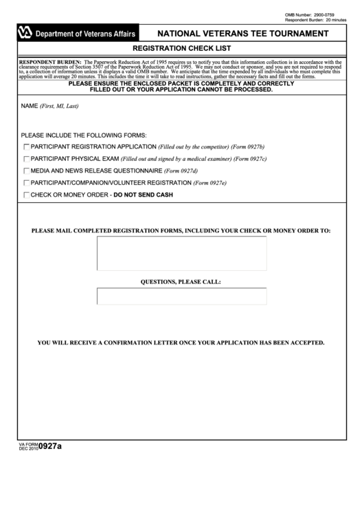 Fillable Va Form 0927a - National Veterans Tee Tournament Va Form Dec 2010 0927a Registration Check List Printable pdf