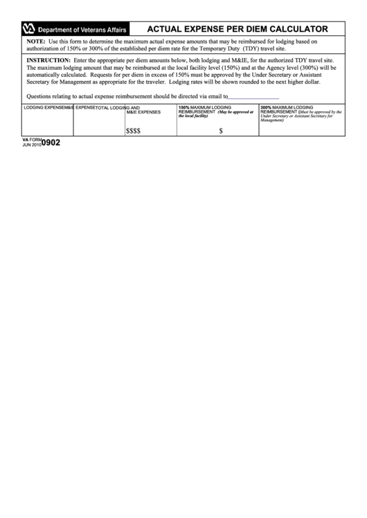Fillable Va Form 0902 - Actual Expense Per Diem Calculator Printable pdf