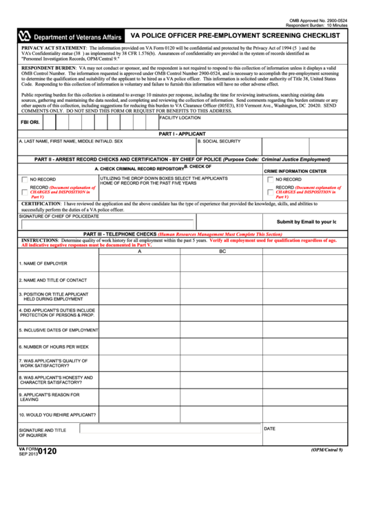 Fillable Va Form 0120 - Va Police Officer Pre-Employment Screening Checklist Printable pdf