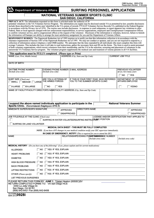 Fillable Va Form 0928i - Surfing Personnel Application Printable pdf