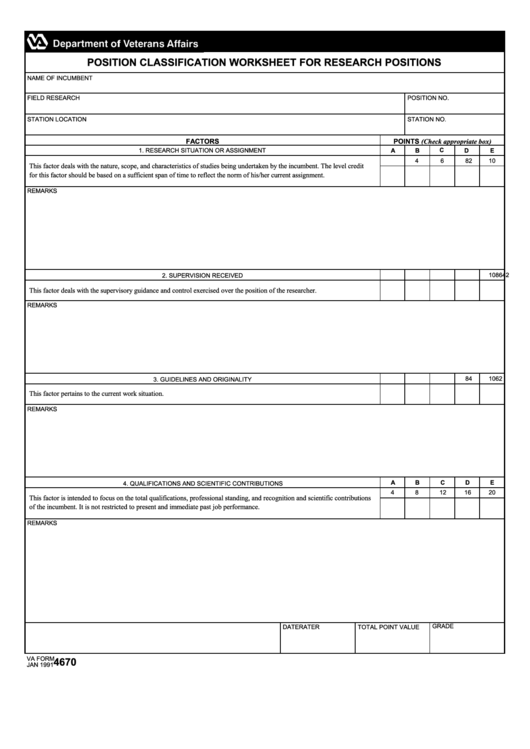 Fillable Va Form 4670 - Position Classification Worksheet For Research Positions Printable pdf