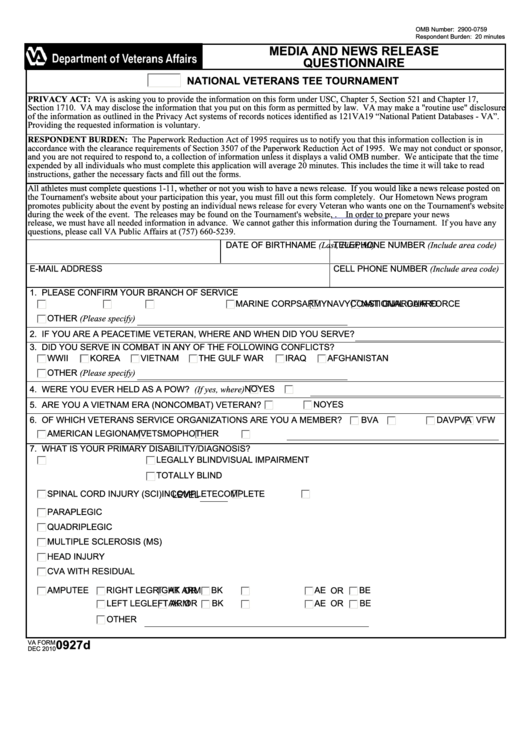 Fillable Va Form 0927d - Media And News Release Questionnaire Printable pdf