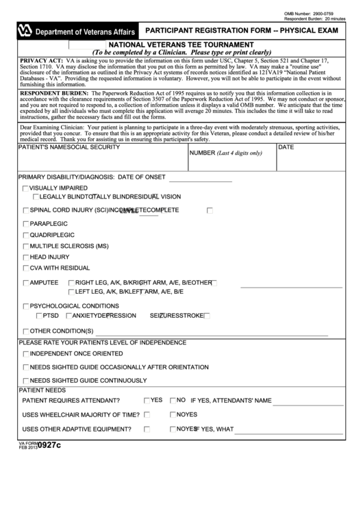 Fillable Va Form 0927c - Participant Registration Form - Physical Exam Printable pdf