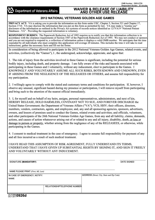 Fillable Va Form 0926d - Waiver & Release Of Liability And Other Use Release - 2012 Printable pdf