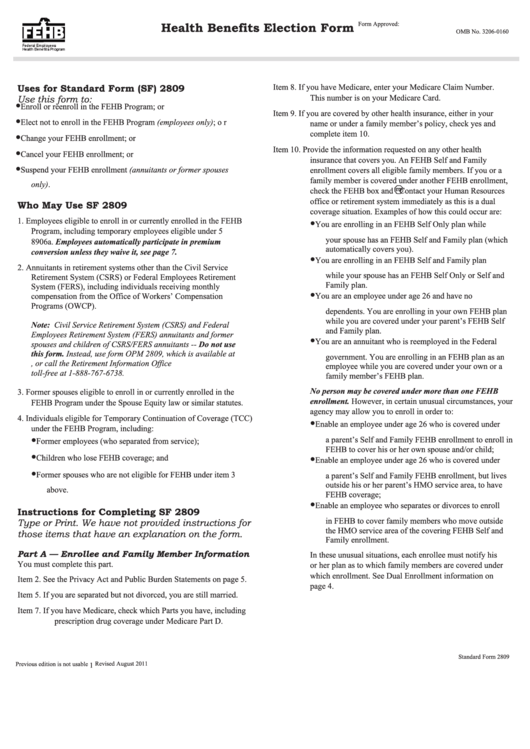 Standard Form 2809 - Health Benefits Election Form Printable pdf