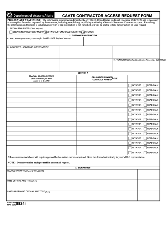 Fillable Va Form 8824i - Caats Contractor Access Request Form Printable pdf