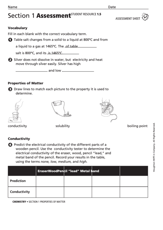 Properties Of Matter Assessment Sheet Printable pdf