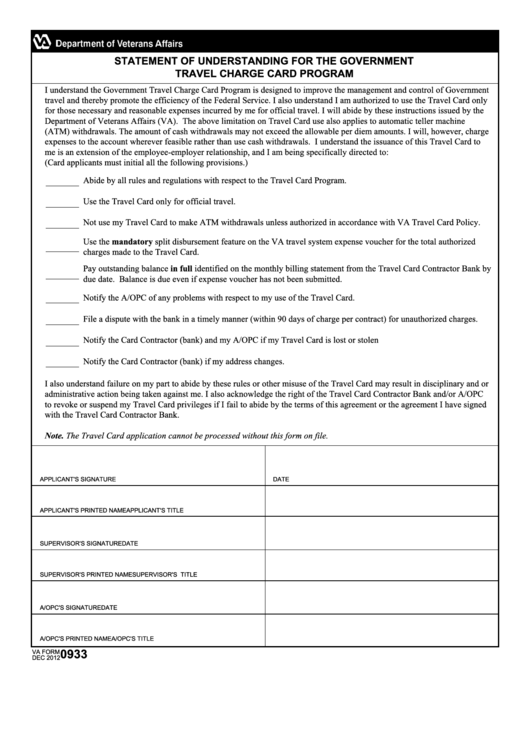 Fillable Va Form 0933 - Statement Of Understanding For The Government Travel Charge Card Program Printable pdf
