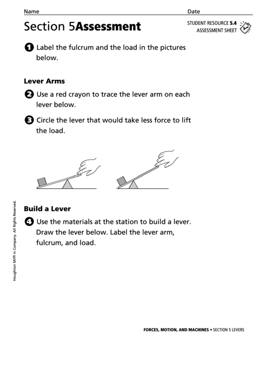 Section 5 Assessment Levers Physics Worksheet Printable pdf