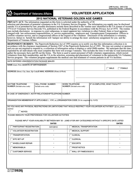 Fillable Va Form 0926j - Volunteer Application Printable pdf