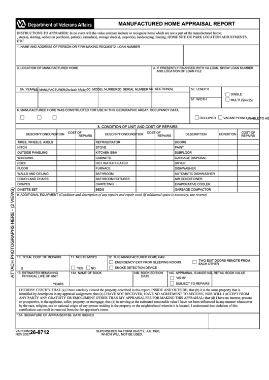 Fillable Va Form 26-8712 - Manufactured Home Appraisal Report Printable pdf