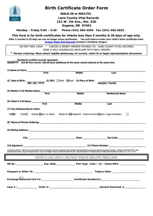 Birth Certificate Order Form - Lane County