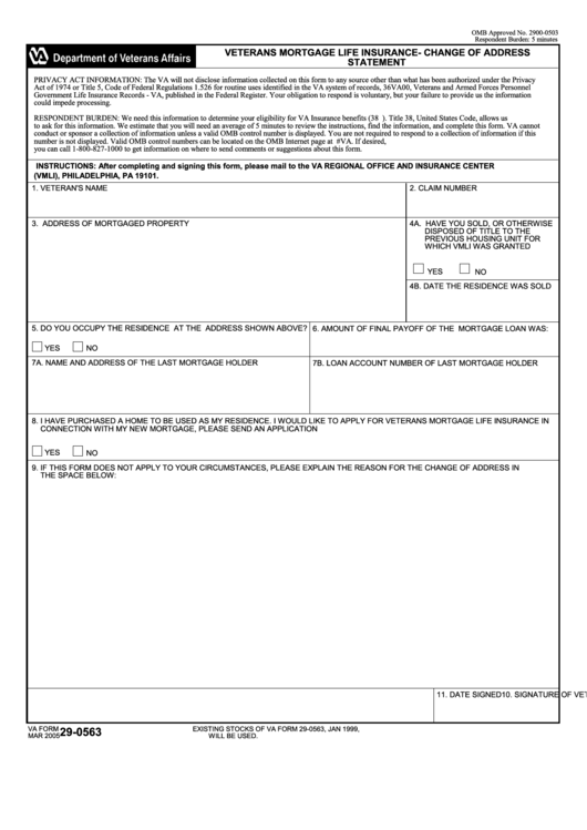 Fillable Va Form 29-0563 - Veterans Mortgage Life Insurance - Change Of Address Statement Printable pdf