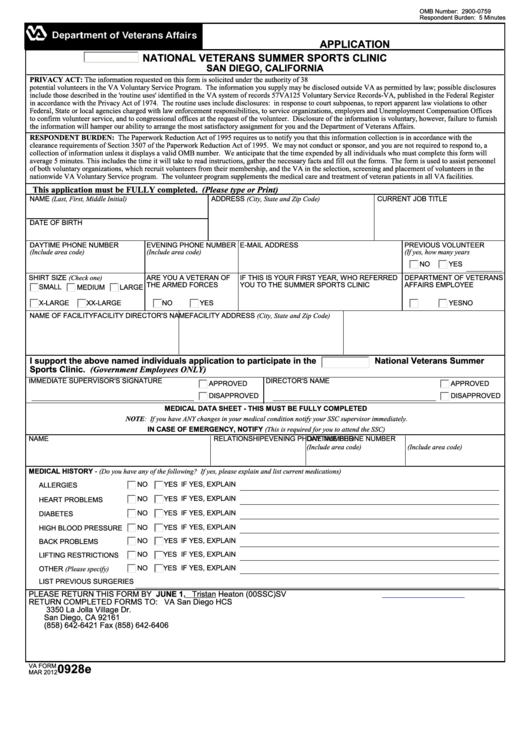 Fillable Va Form 0928e - National Veterans Summer Sports Clinic, Multi-Use Application Printable pdf