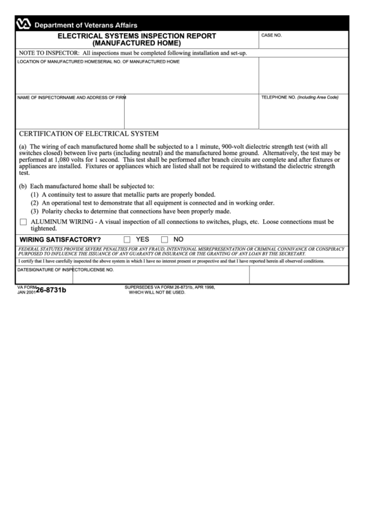 Fillable Va Form 26-8731b - Electrical Systems Inspection Report (Manufactured Home) Printable pdf