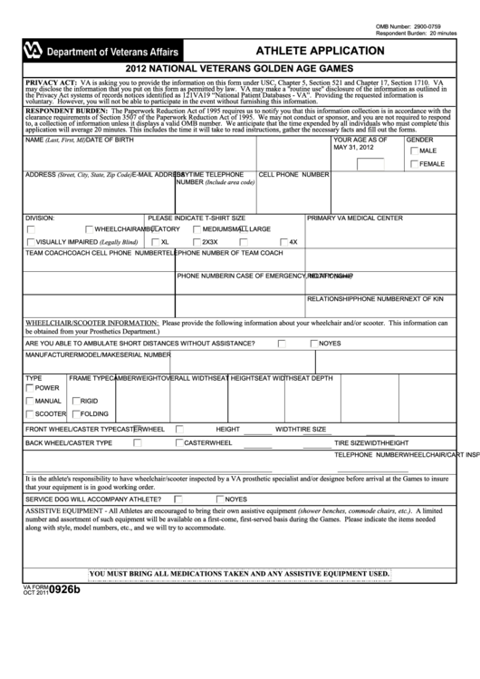 Fillable Va Form 0926b - National Veterans Golden Age Games Athlete Application - 2012 Printable pdf