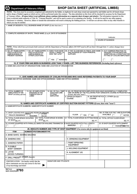 Fillable Va Form 2793 - Shop Data Sheet (Artificial Limbs) Printable pdf