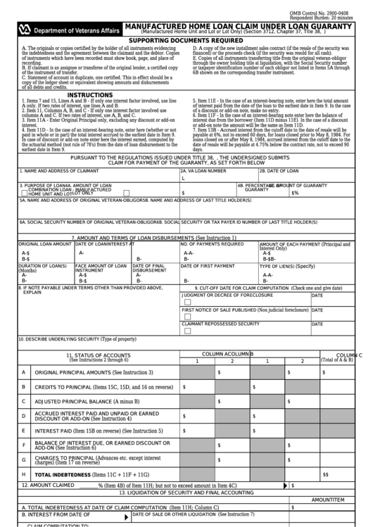 Fillable Va Form 26-8630 - Manufactured Home Loan Claim Under Loan Guaranty Printable pdf