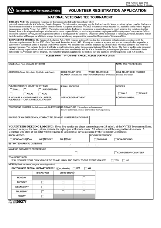 Fillable Va Form 0927f - Volunteer Registration Application Printable pdf