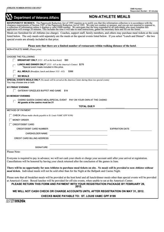 Fillable Va Form 0926k - Non-Athlete Meals Printable pdf