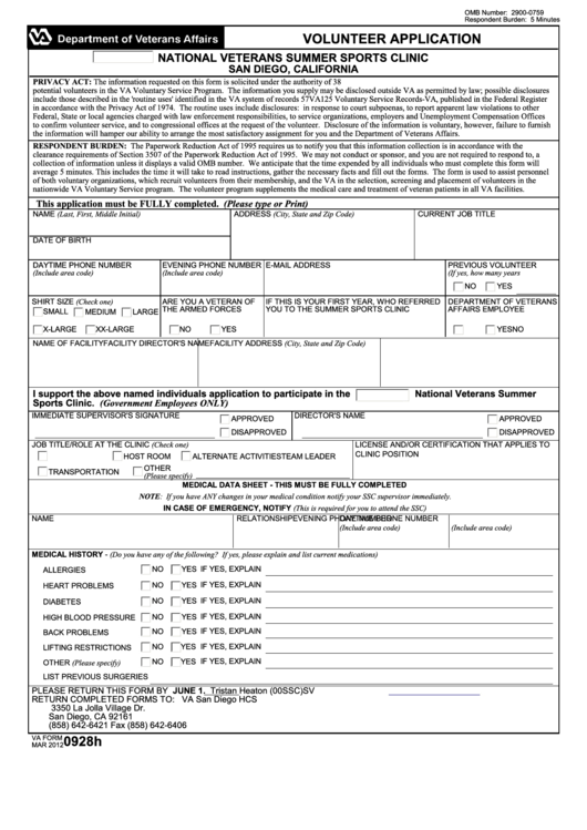 Fillable Va Form 0928h - Volunteer Application Printable pdf