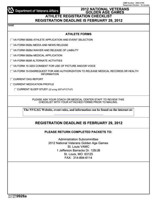 Fillable Va Form 0926a - National Veterans Golden Age Games Athlete Registration Checklist - 2012 Printable pdf