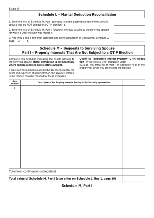 Fillable Schedule L - Marital Deduction Reconciliation Printable pdf