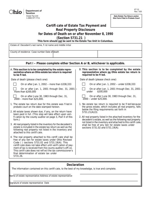 Fillable Form Et 22 - Certificate Of Estate Tax Payment And Real Property Disclosure Printable pdf