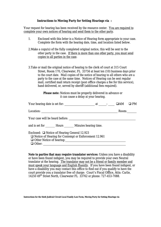 Instructions For The Sixth Judicial Circuit Local Family Law Form - Moving Party For Setting Hearings Via U.s. Mail Printable pdf