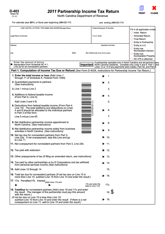 Fillable Form D-403 - Partnership Income Tax Return - 2011 Printable pdf