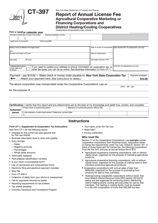 Form Ct-397 - Report Of Annual License Fee - 2011 Printable pdf