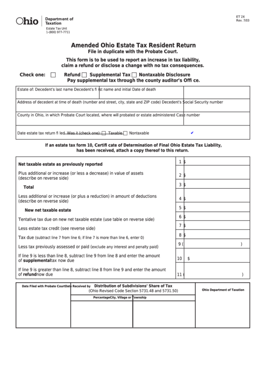 Fillable Form Et 2x - Amended Ohio Estate Tax Resident Return Printable pdf