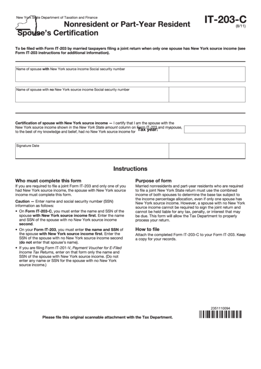 Fillable Form It-203-C - Nonresident Or Part-Year Resident Spouse