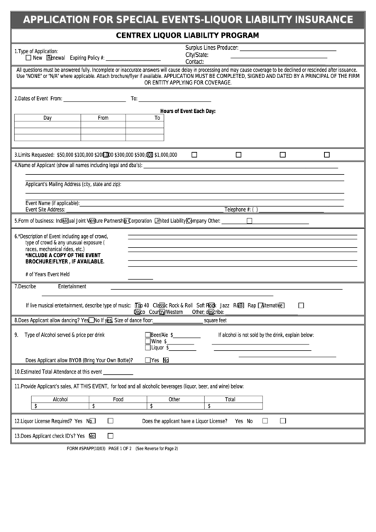 Form Spapp - Application For Special Events-Liquor Liability Insurance Printable pdf