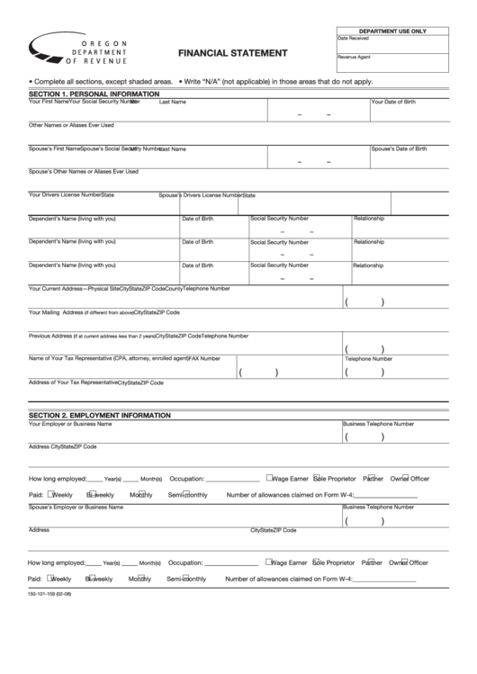 Fillable Form 150-101-159 - Financial Statement Printable pdf