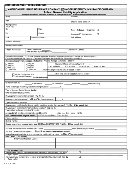 Form Cg 75 - Artisan General Liability Application Printable pdf