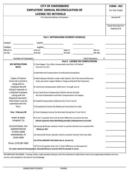 Fillable Form Rec - Employers Annual Reconciliation Of License Fee Withheld Printable pdf