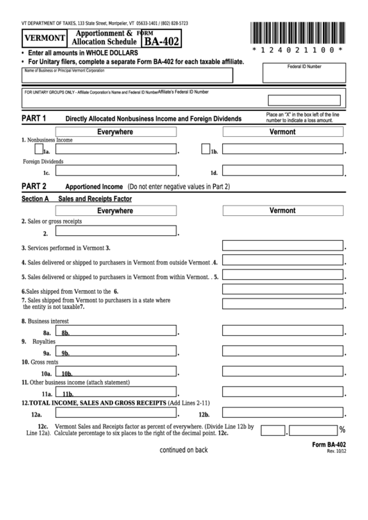 Form Ba-402 - Vermont Apportionment & Allocation Schedule Printable pdf