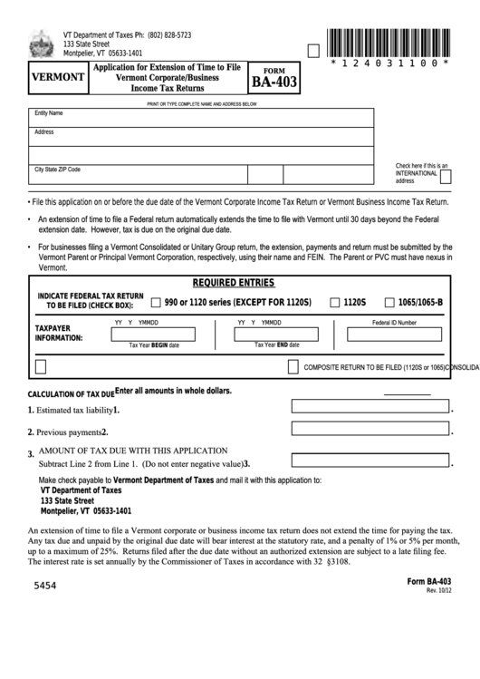Form Ba-403 - Vermont Application For Extension Of Time To File Vermont Corporate/business Income Tax Returns Printable pdf