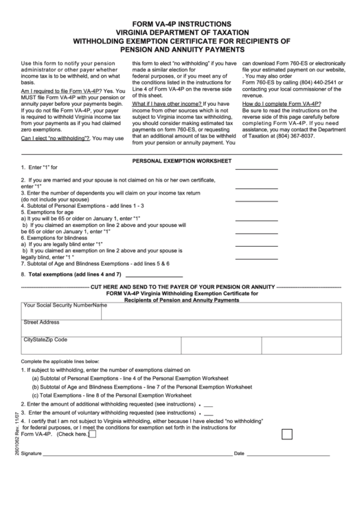 Fillable Form Va-4p - Withholding Exemption Certificate For Recipients Of Pension And Annuity Payments Printable pdf
