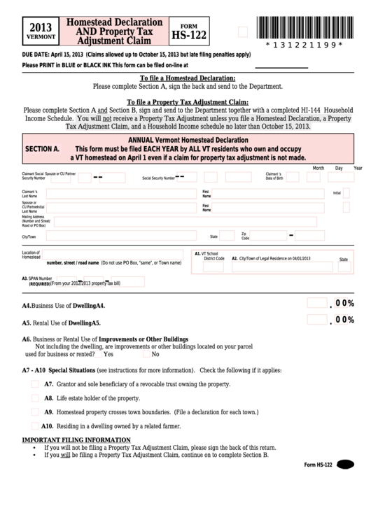 Form Hs-122 - Vermont Homestead Declaration And Property Tax Adjustment Claim - 2013 Printable pdf